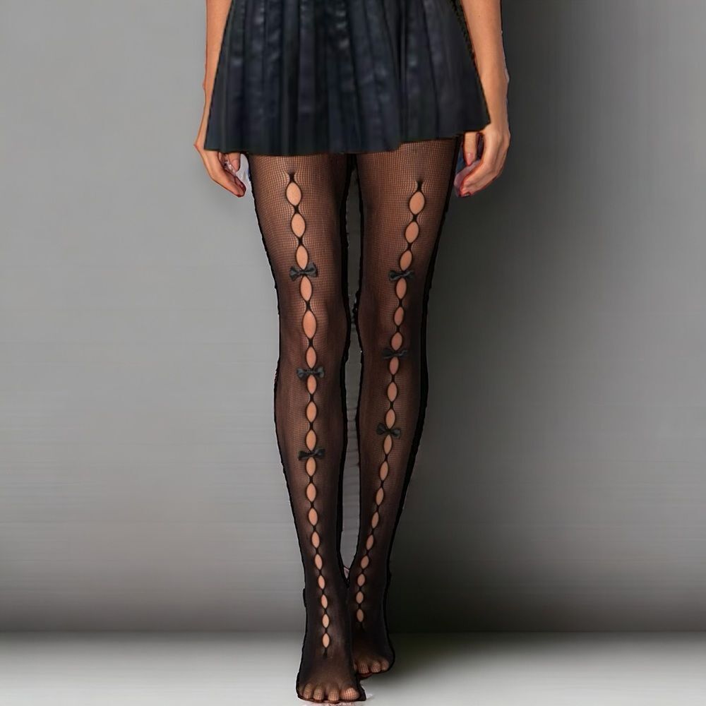 Black Cut Out Black Satin Bows Tights NEW